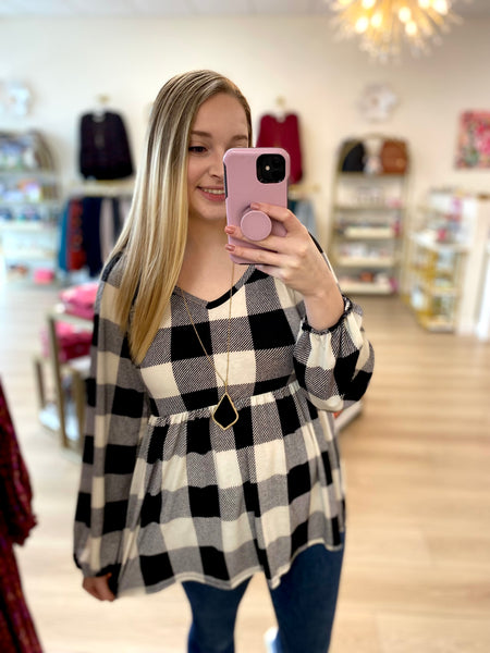 FINAL SALE Black & Ivory Buffalo Plaid Peplum Top