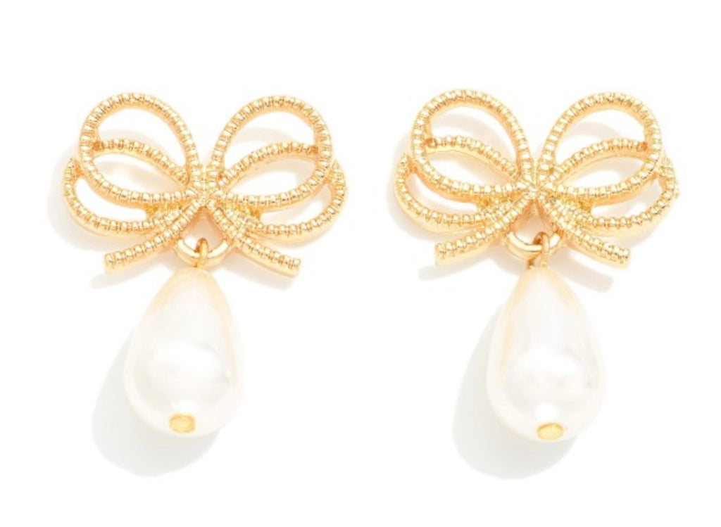 Gold Bow Pearl Dangle Earrings
