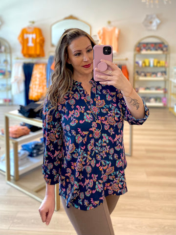 Navy Multi Floral Top
