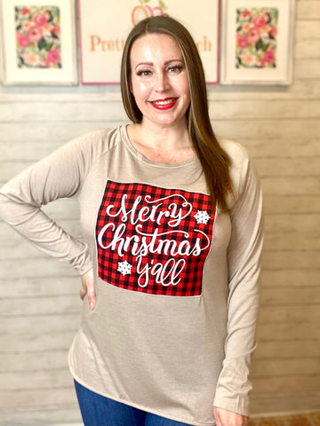 FINAL SALE Beige Merry Christmas Y’all Buffalo Paid Long Sleeve Tee