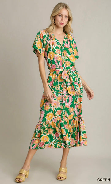 Umgee Green Floral Button Tie Dress