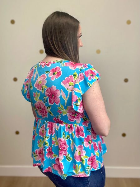 FINAL SALE Aqua Floral Peplum Top