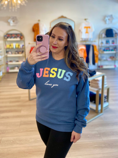Blue Jesus Loves You Sweatshirt