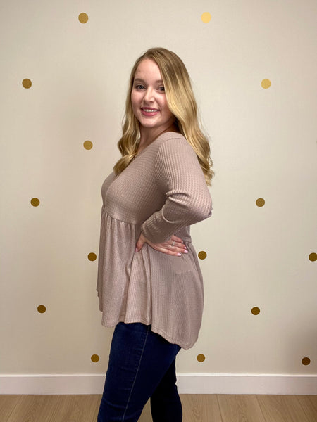 Taupe Button Peplum Waffle Top