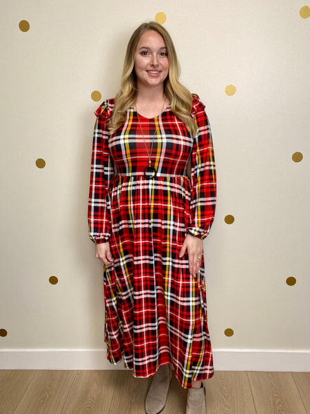 FINAL SALE Red & Black Plaid Shoulder Ruffle Midi Dress
