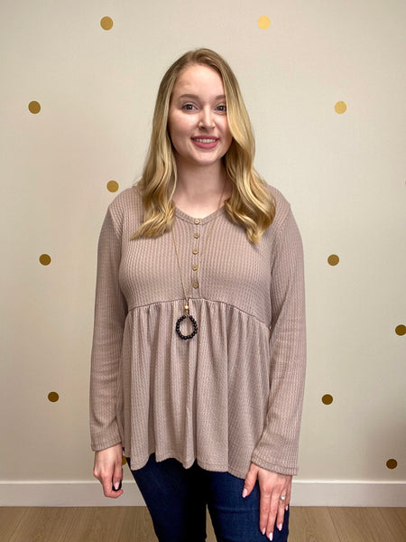 Taupe Button Peplum Waffle Top