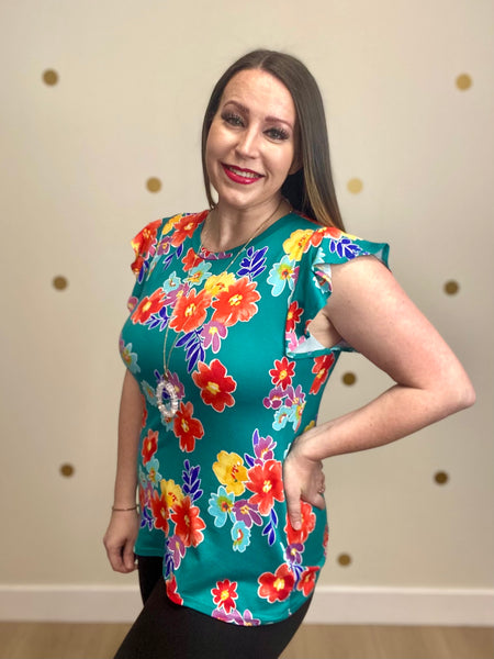 FINAL SALE Teal Multi Floral Print Top