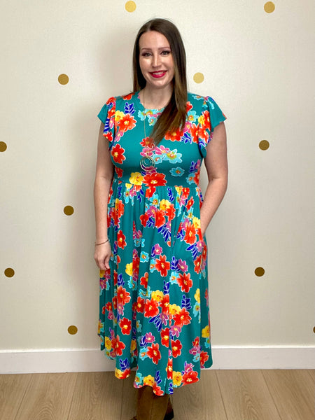 FINAL SALE Teal Floral Midi Dress
