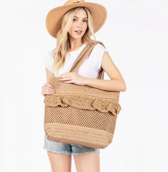 Taupe Ruffle Straw Tote Bag