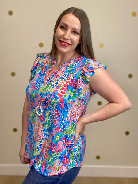 FINAL SALE Blue & Pink Floral Flutter Sleeve Top