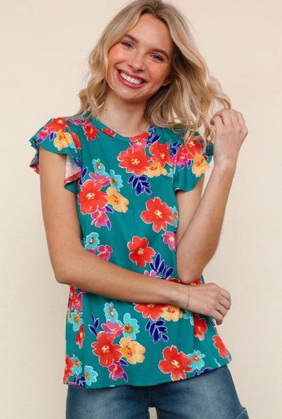 FINAL SALE Teal Multi Floral Print Top