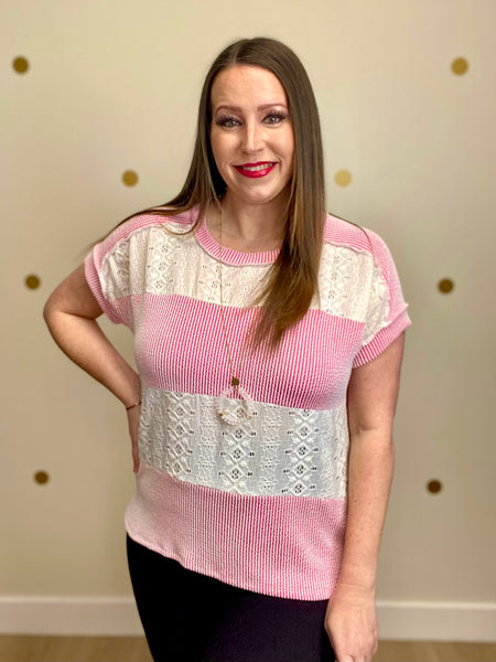 FINAL SALE Pink Ribbed Eyelet Contrast Top