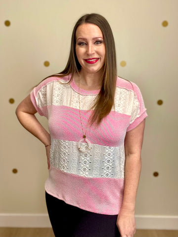FINAL SALE Pink Ribbed Eyelet Contrast Top