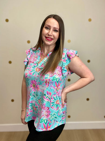 Mint Floral Flutter Sleeve Top