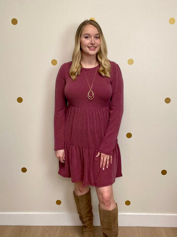Wine Ribbed Tiered Dress