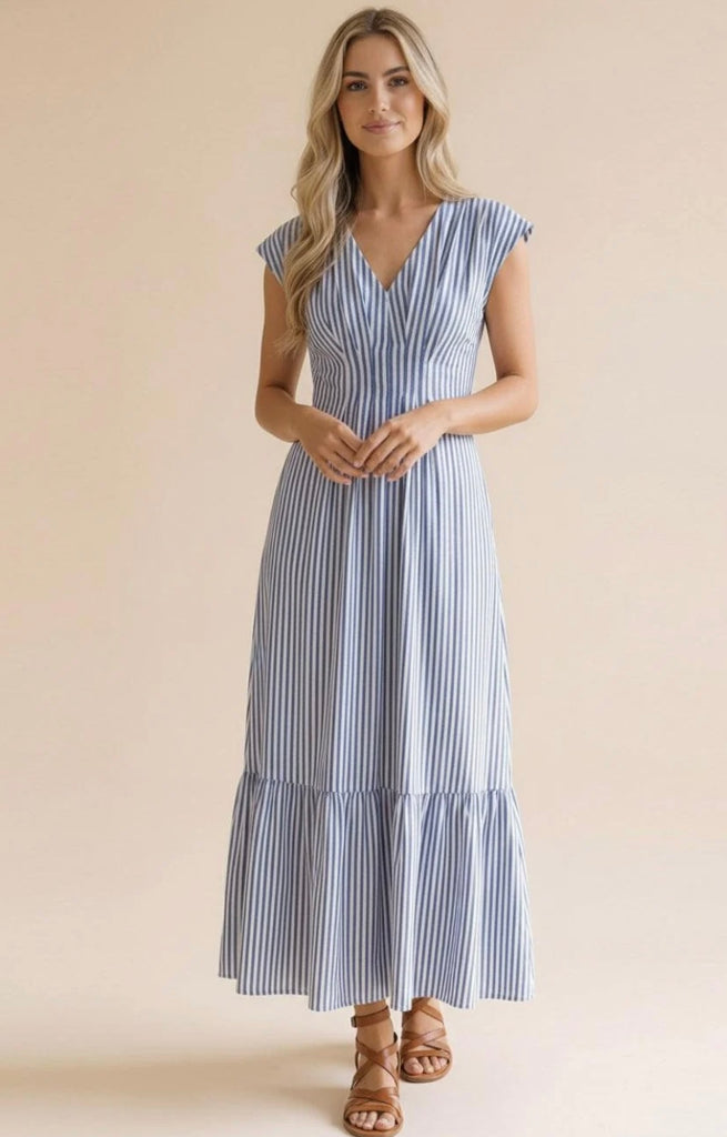 Blue Pleated Striped Smocked Maxi Dress