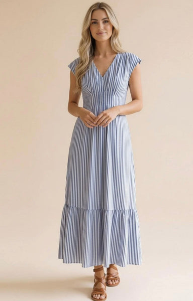 Blue Pleated Striped Smocked Maxi Dress
