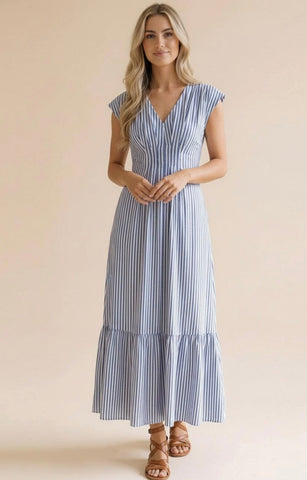 Blue Pleated Striped Smocked Maxi Dress