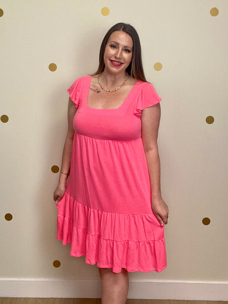 Pink Tiered Ruffle Sleeve Dress