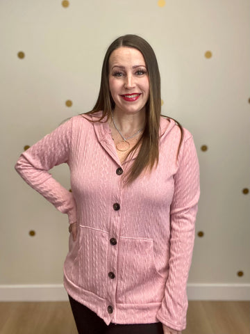 Rose Button Detailed Hooded Sweater Cardigan