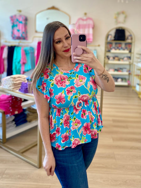 FINAL SALE Aqua Floral Peplum Top