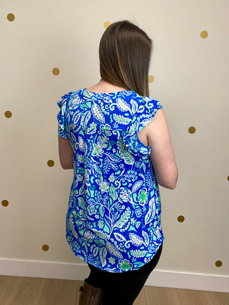 Royal Blue Floral Flutter Sleeve Top