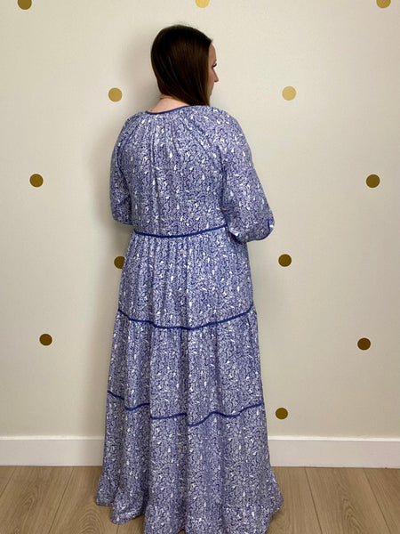 FINAL SALE Navy Animal Print Button Detail Tiered Maxi Dress