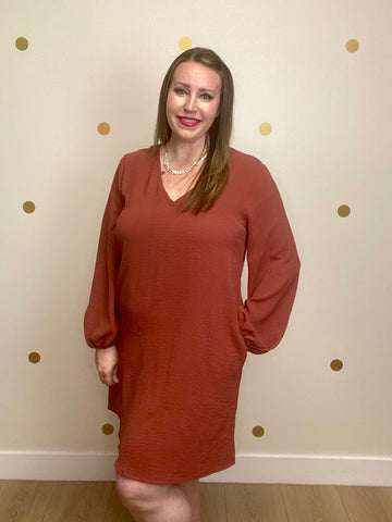Cinnamon V Neck Balloon Sleeve Dress
