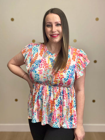 FINAL SALE Ivory Floral Ruffle Sleeve Top
