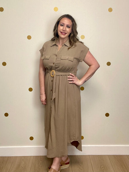 Mocha Collared Button Down Belted Midi Dress