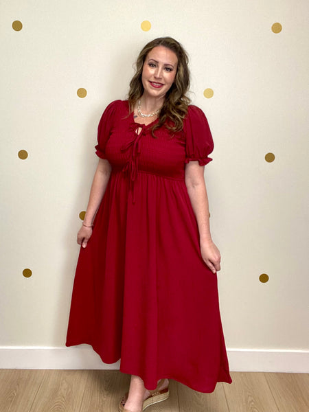 Wine Smocked Tie Puff Sleeve Midi Dress