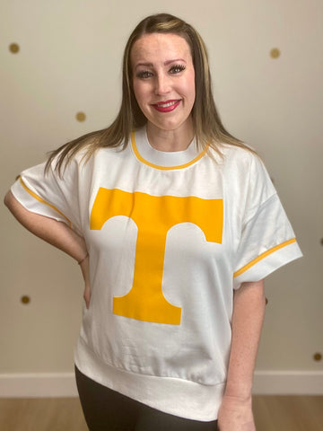 Oversized White & Orange Short Sleeve Game Day Sweatshirt