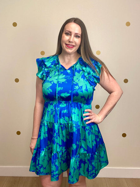FINAL SALE Umgee Blue Satin Floral Dress