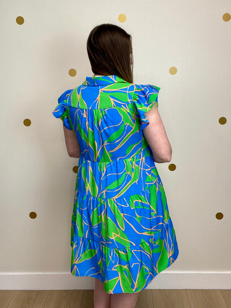 FINAL SALE Blue & Green Print Tiered Dress