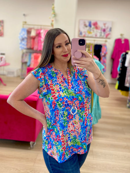 FINAL SALE Blue & Pink Floral Flutter Sleeve Top