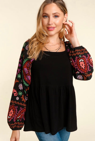 FINAL SALE Black Embroidered Sleeve Top
