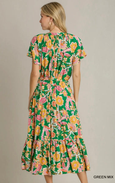 Umgee Green Floral Button Tie Dress