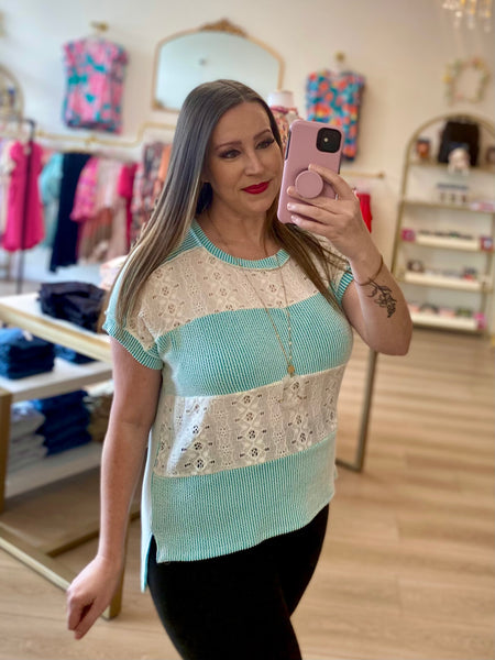 FINAL SALE Aqua Ribbed Eyelet Contrast Top