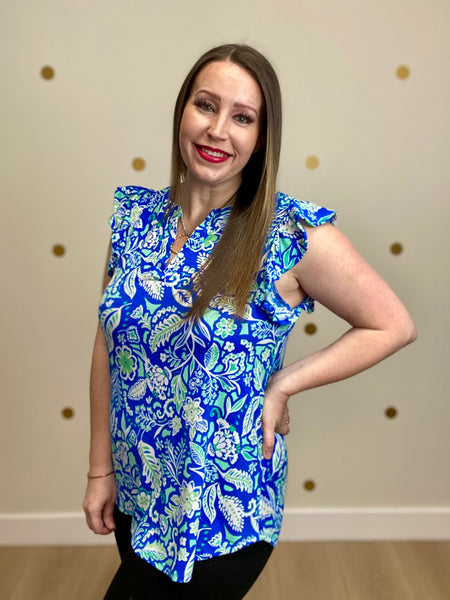 Royal Blue Floral Flutter Sleeve Top