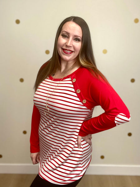Red & Ivory Striped Heart Detail Top