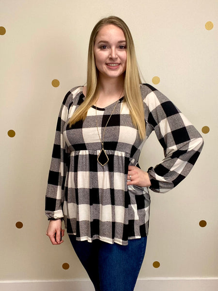 FINAL SALE Black & Ivory Buffalo Plaid Peplum Top