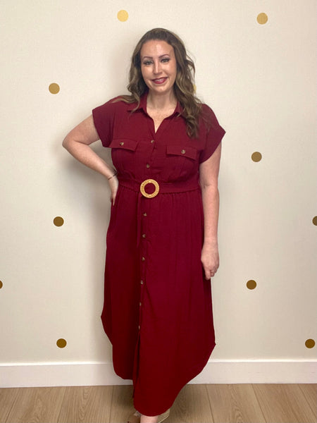 Burgundy Collared Button Down Belted Midi Dress