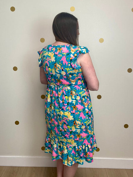 FINAL SALE Aqua Multicolor Floral Print Pocket Dress
