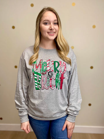 FINAL SALE Gray Merry & Bright Christmas Long Sleeve Tee