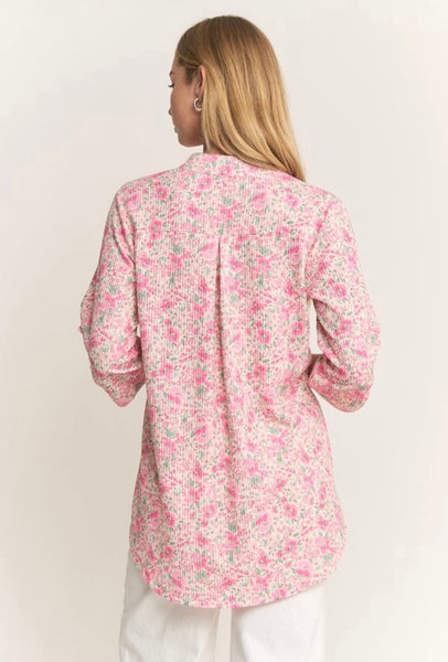 Cream & Pink Floral Ribbed Top