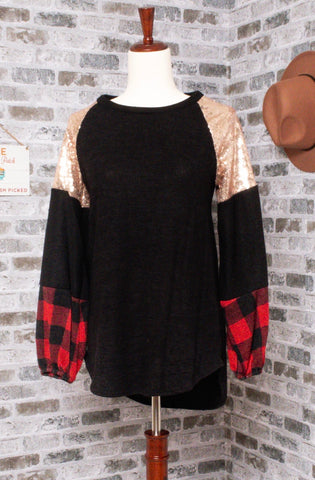 Black & Red Plaid Sequin Top ASHE