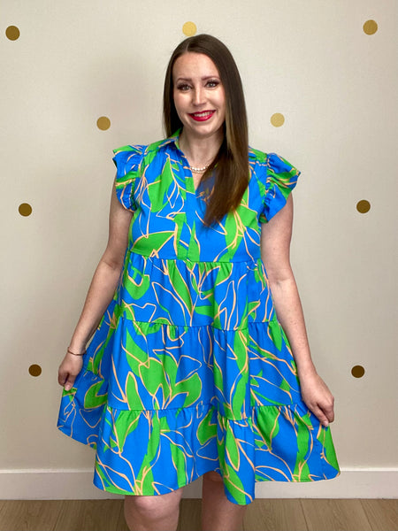 FINAL SALE Blue & Green Print Tiered Dress