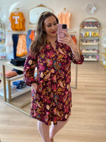 Wine Multi Paisley Pocket Dress