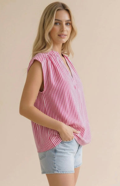 Hot Pink Striped Notch Neck Drop Shoulder Top