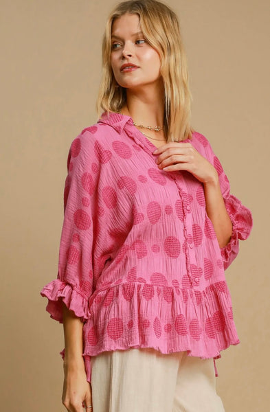 Umgee Pink Dot Button Ruffle Top